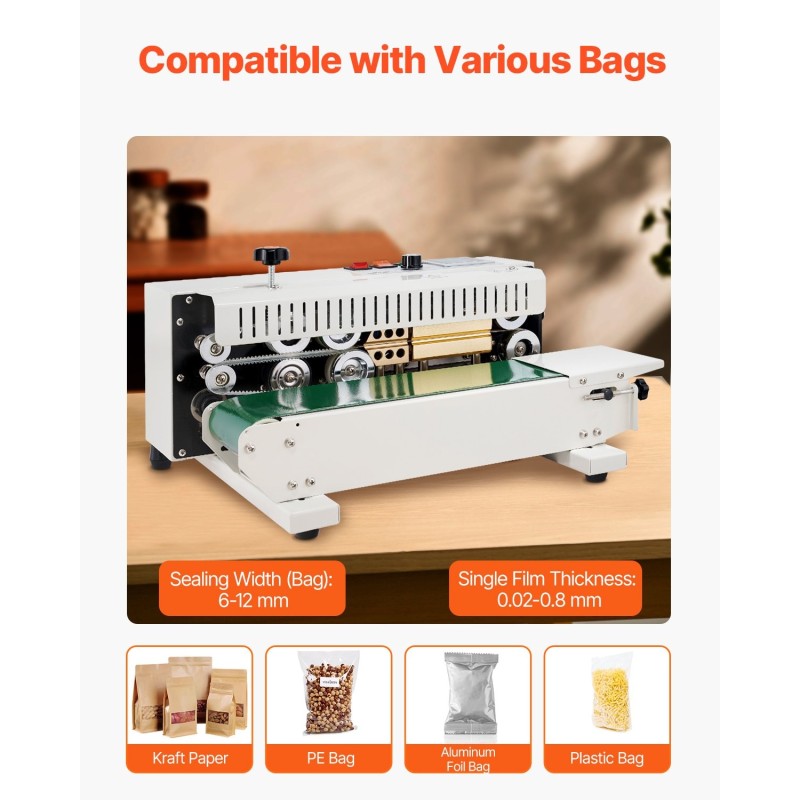 Pussinsulkijakone hiiliteräs vaakasuuntainen jatkuvatoiminen 6–12 mm saumaleveys muovi- ja paperipusseille