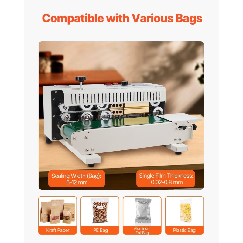 Pussinsuljin kuljetinhihnalla saumaleveys 6–12 mm digitaalinen lämpösäätö 0.02–0.8 mm muovipusseille