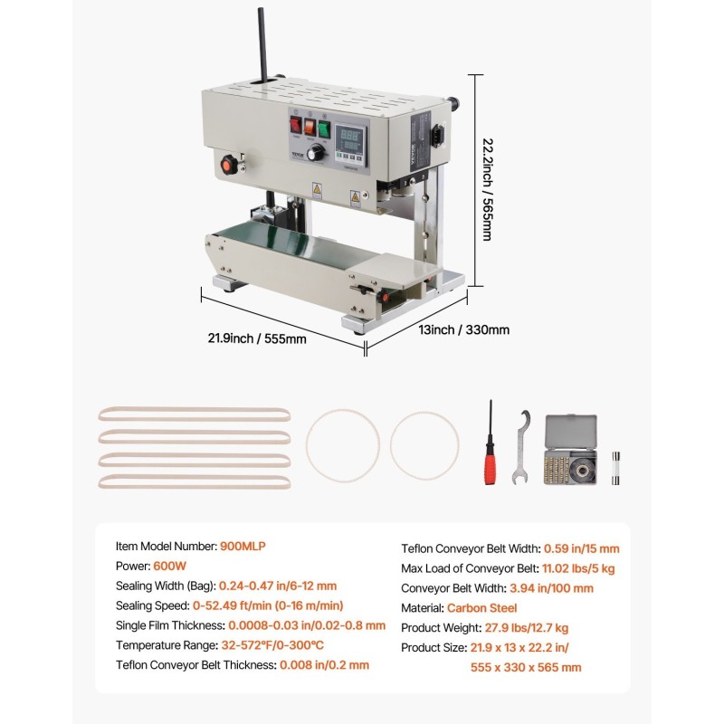 Jatkuvatoiminen hiiliteräksinen pussinsuljin 6–12 millimetrin suljentaleveydellä muovikalvoille digitaalisella