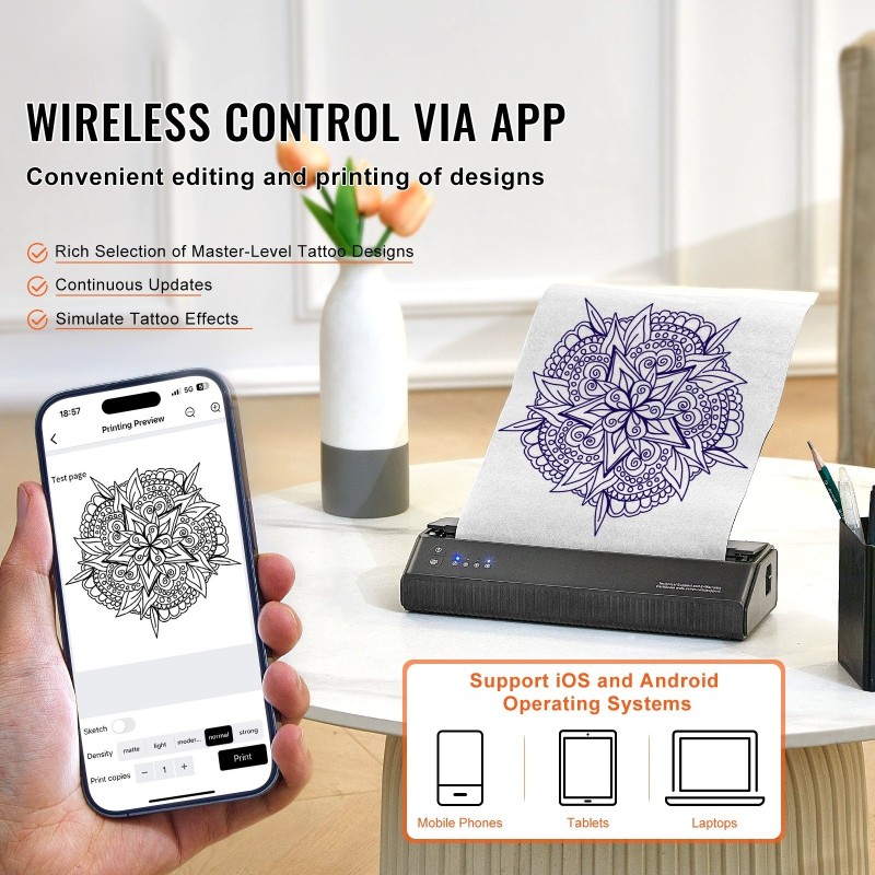 Tatuointistensiilitulostin langaton akulla 10 kpl siirtopaperia mobiililaitteille ja tietokoneille