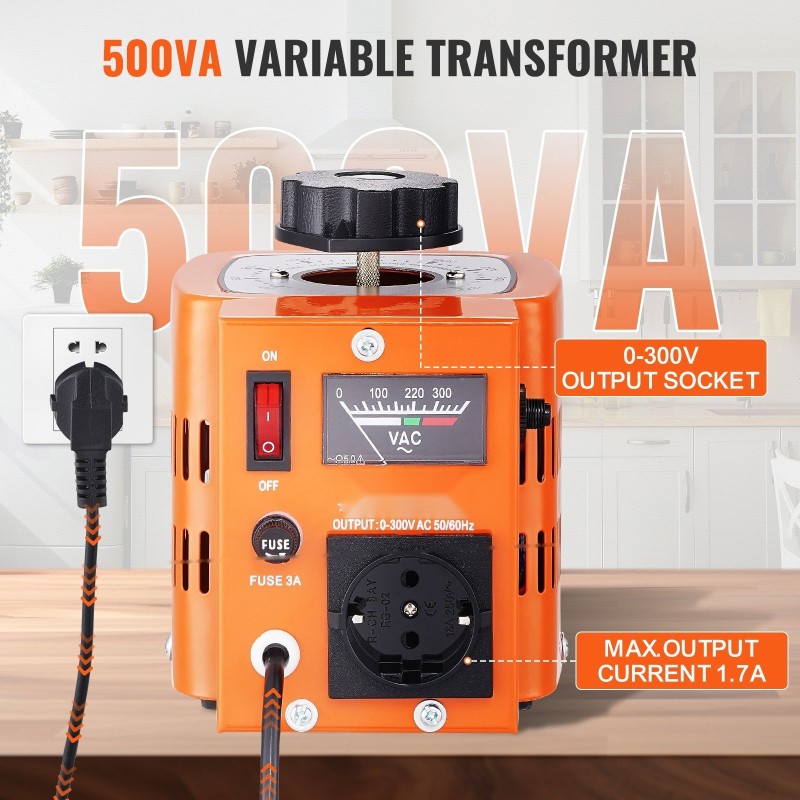 Portaattomasti säädettävä jännitemuuntaja 500VA 230V tulo 0–300V lähtö 1,7A kuparikela