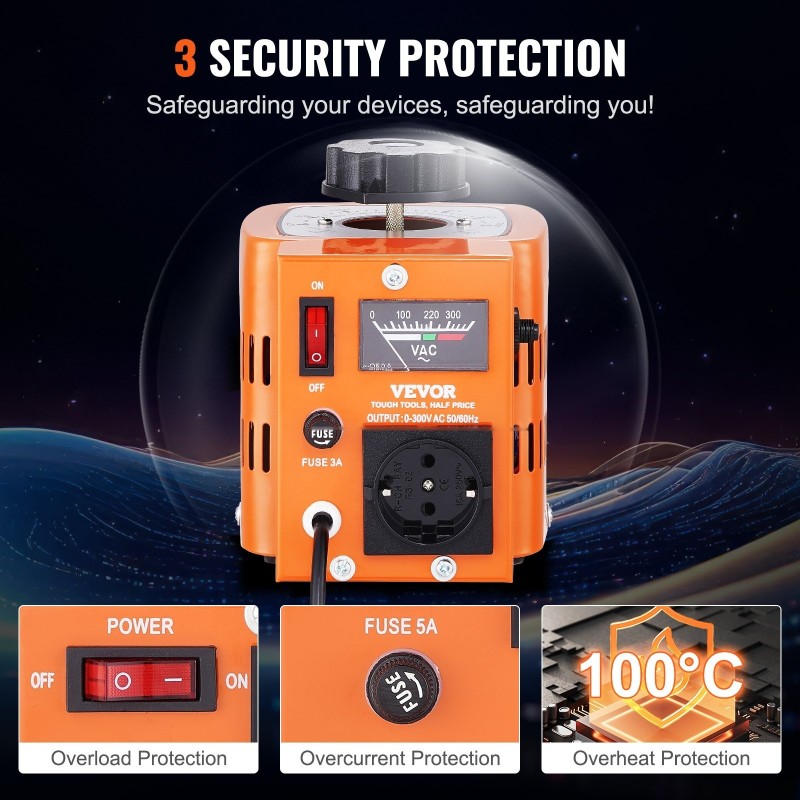 Portaattomasti säädettävä jännitemuuntaja 500VA 230V tulo 0–300V lähtö 1,7A kuparikela