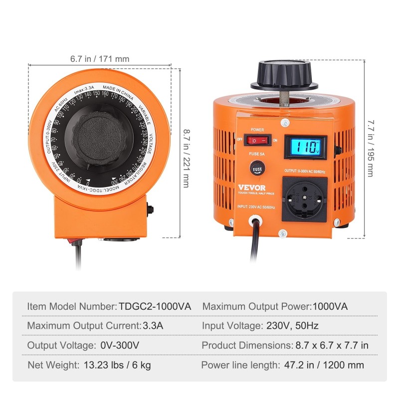 Säädettävä jännitemuunnin 1000VA 0–300V lähtöjännite tulojännite 230V 3,3A LCD-näyttö metallikotelo