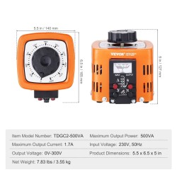 Jännitemuuntaja 500VA säädettävä 0–300V ulostulo 1,7A metallikotelo kuparikäämit CE-sertifioitu