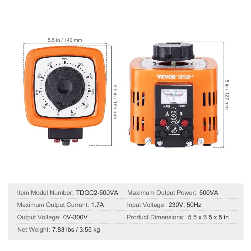 Jännitemuuntaja 500VA säädettävä 0–300V ulostulo 1,7A metallikotelo kuparikäämit CE-sertifioitu