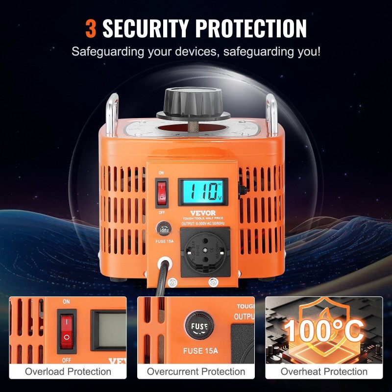 Säädettävä jännitemuuntaja 3000VA 0–300V 10A LCD-näyttö metallikotelo