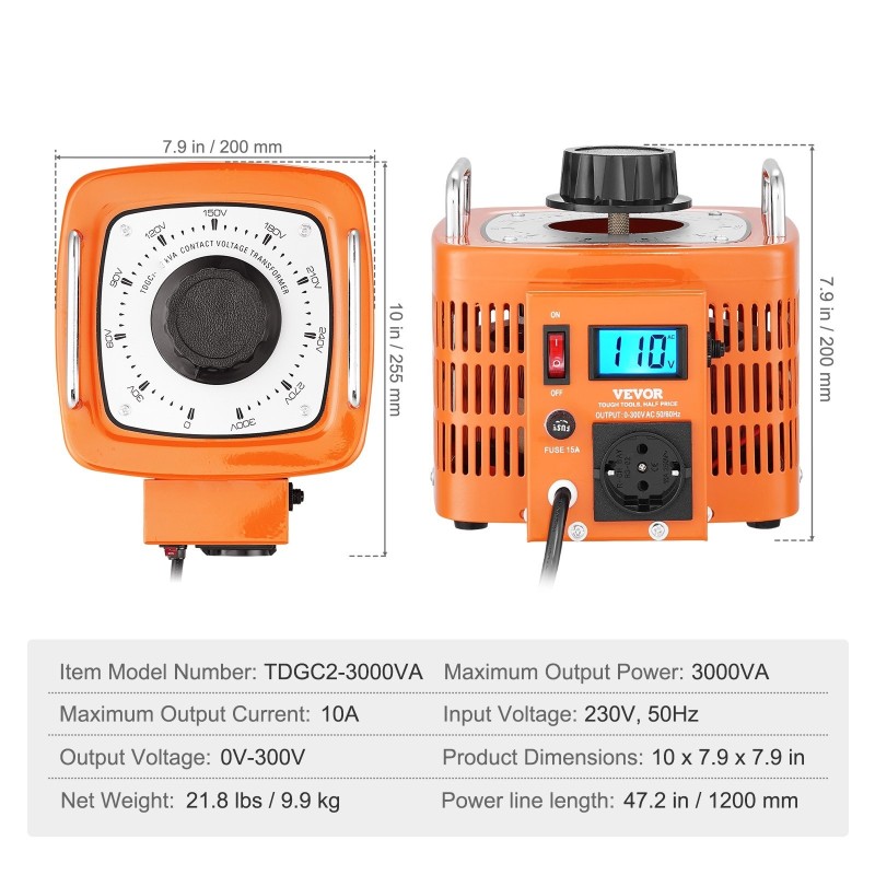 Säädettävä jännitemuuntaja 3000VA 0–300V 10A LCD-näyttö metallikotelo