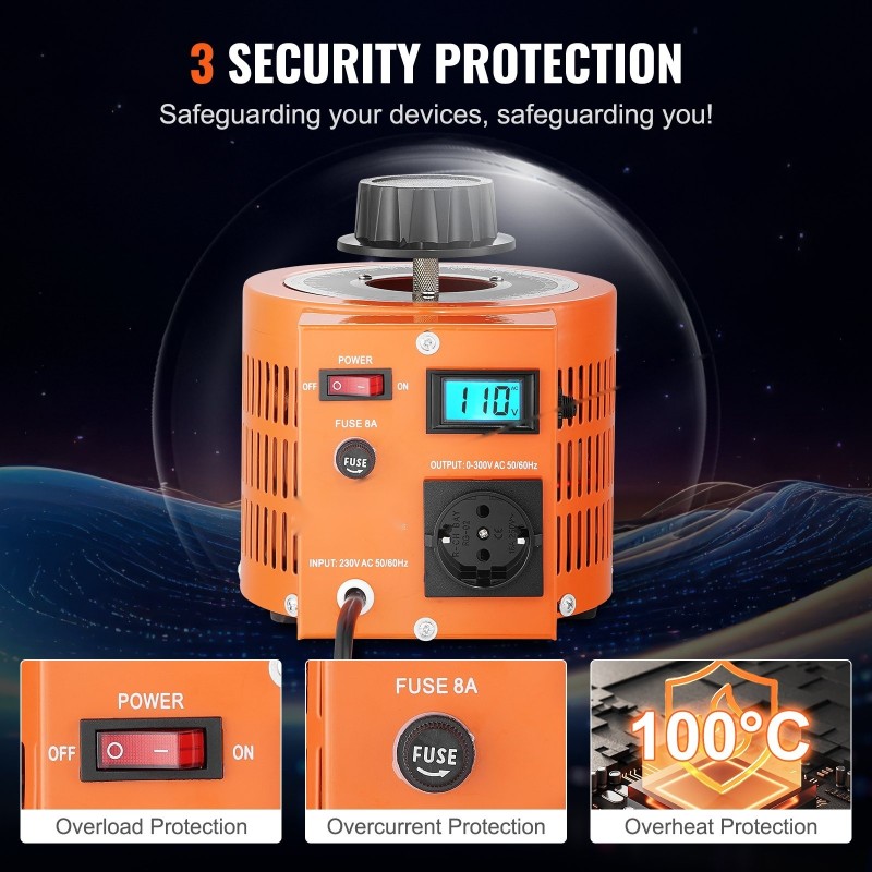 Säädettävä jännitemuuntaja 2000VA portaaton 0–300V 6,6A nestekidenäyttö metallikotelo CE-sertifioitu