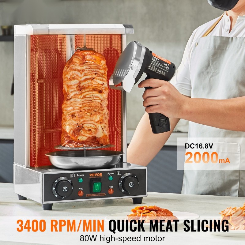 Sähköinen shawarma-veitsi 80W johdoton 2 ruostumatonta terää 100mm paksuudensäätö 0–8mm