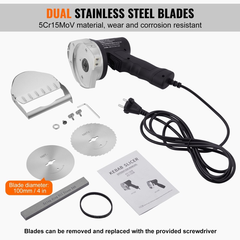 Sähkökäyttöinen kebableikkuri 80 watin 100 millimetrin terä kaksi terää säädettävä paksuus