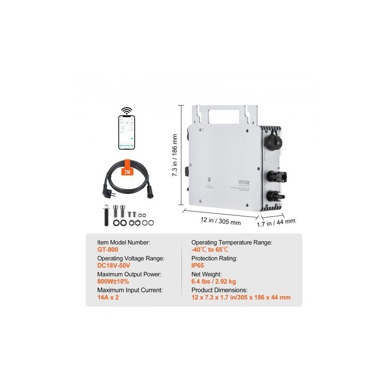 Mikroinvertteri 800W alumiinikuori IP65 18–50 V verkkoon liitettävä langaton etäseuranta