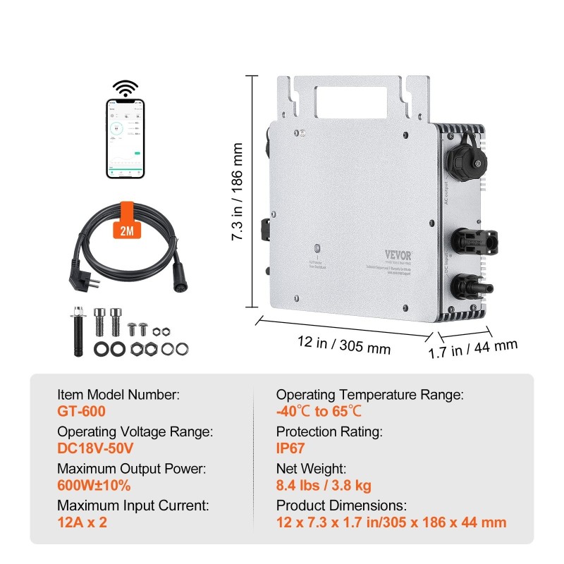 Verkkokytkentäinen 600W mikroinvertteri alumiinikuori IP67 DC18–50V kahdella sisääntulolla ulkoisella antennimodulilla