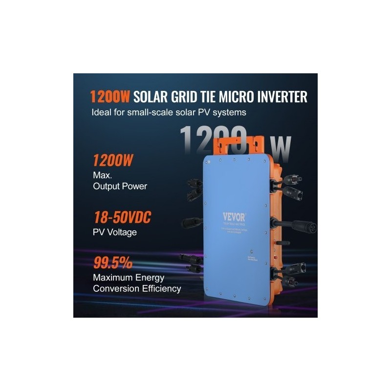 Aurinkomikroinvertteri 1200 W IP67 alumiiniseoskotelo DC18–50V kahdelle paneeliryhmälle