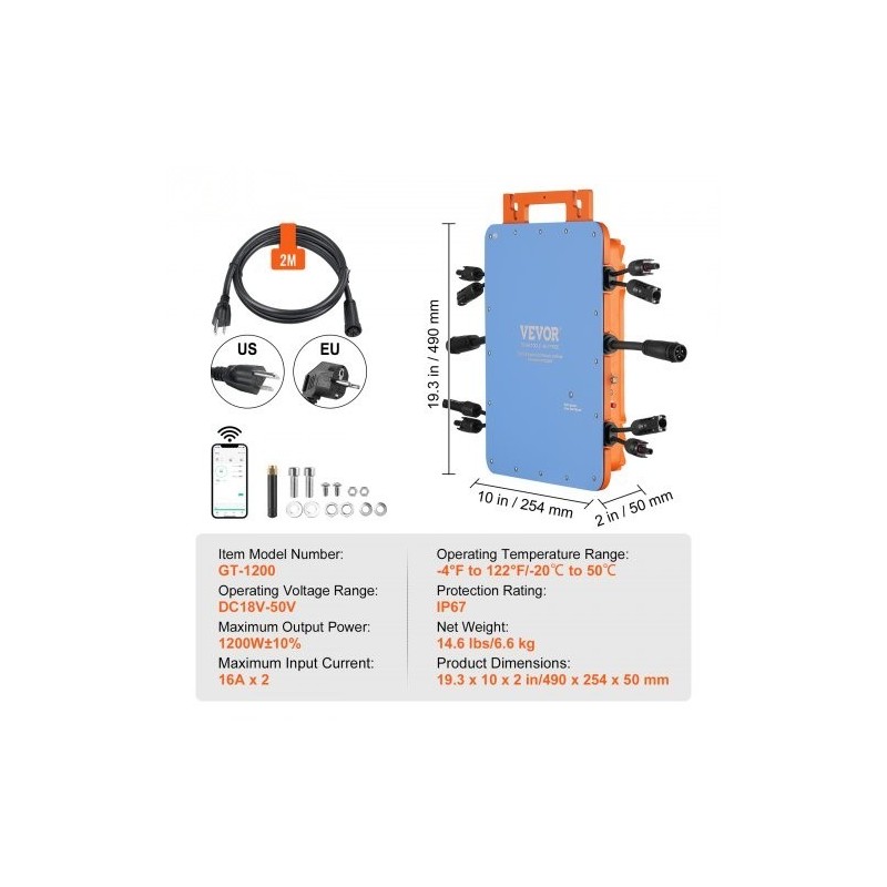 Aurinkomikroinvertteri 1200 W IP67 alumiiniseoskotelo DC18–50V kahdelle paneeliryhmälle
