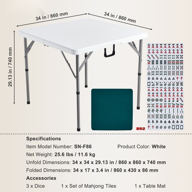 Taitettava mahjongpöytä 4 pelaajalle 144 laattaa 3 noppaa vihreä pöytämatto kantokahva