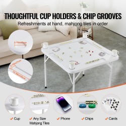 Taitettava neliöpelipöytä 900x900 mm muovipöytälevy 4 pelaajalle mukitelineillä pelimerkkikupeilla ja dominoilla