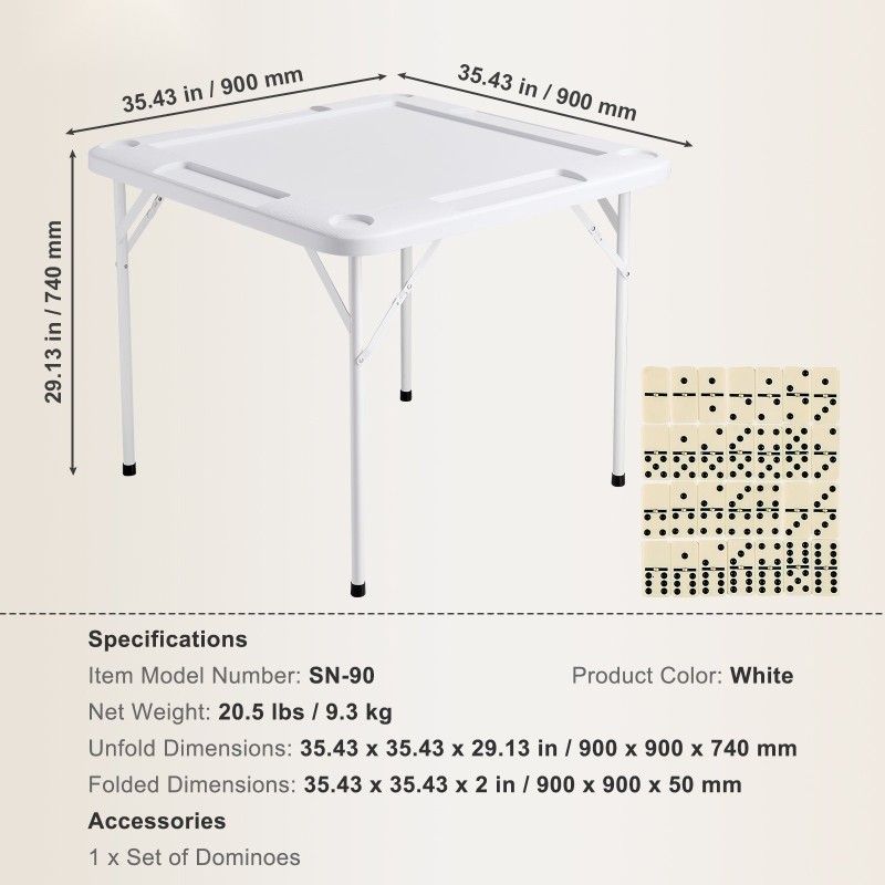 Taitettava neliöpelipöytä 900x900 mm muovipöytälevy 4 pelaajalle mukitelineillä pelimerkkikupeilla ja dominoilla