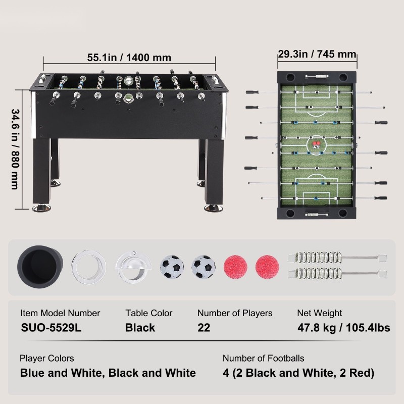 Pöytäjalkapallopöytä 55 tuumaa täysikokoinen sisäkäyttöön 2-4 pelaajalle 4 palloa 4 mukipidikettä