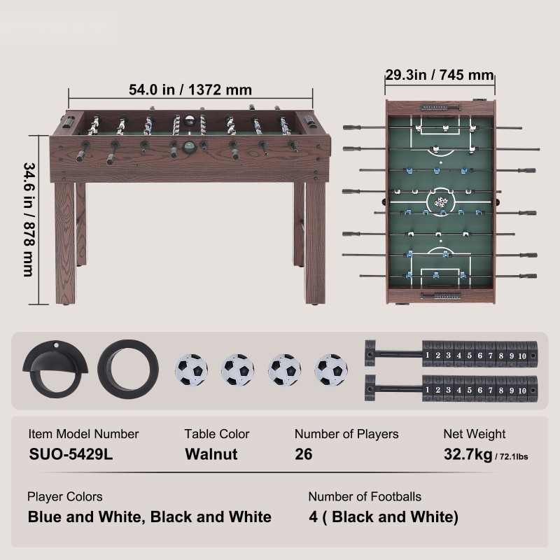 Pöytäjalkapallopöytä 55-tuumainen vakiokokoinen sisäkäyttöön 2–4 pelaajalle sisältää 4 palloa ja 2 mukitelinettä