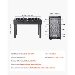 Pöytäjalkapallopöytä 121 cm täysikokoinen sisäkäyttöön vakaa rakenne sisältää 2 palloa tuloslaskurin