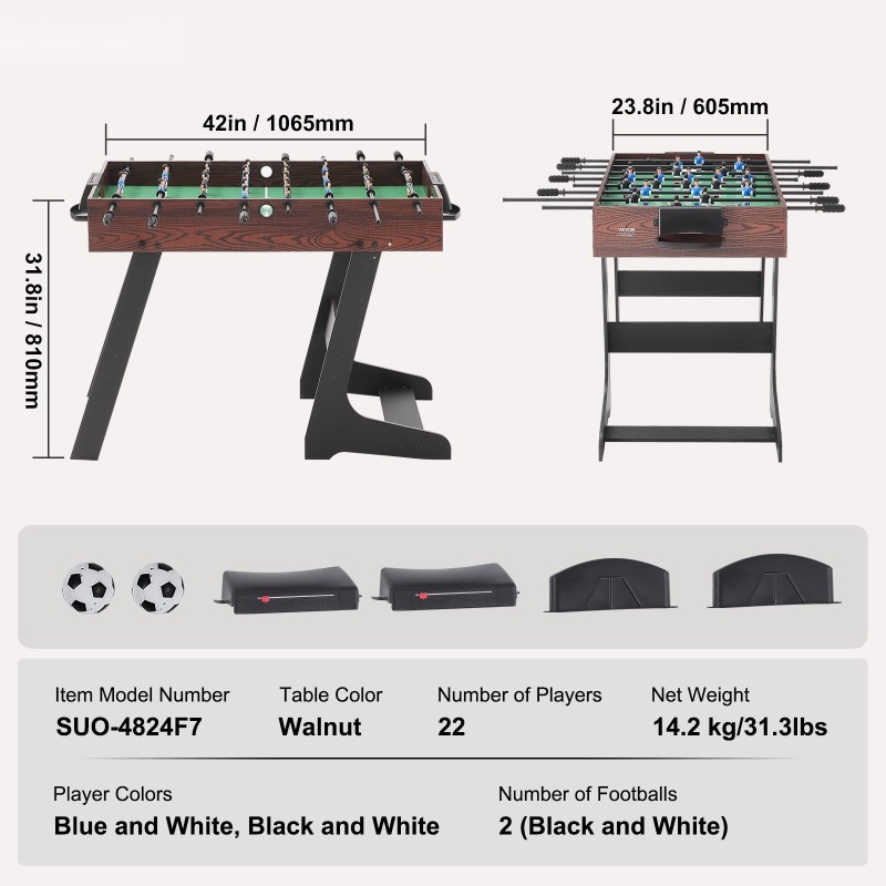 Taitettava pöytäjalkapallopöytä 42-tuumainen sisäkäyttöön sisältää kaksi palloa