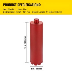 Timanttiputkiterä timantti-alumiiniseos 101 mm 355 mm hyötypituus 5/8-11-kierre betonille ja tiilelle