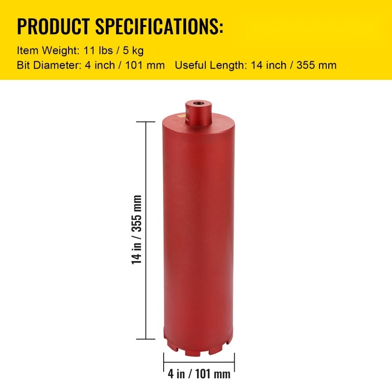 Timanttiputkiterä timantti-alumiiniseos 101 mm 355 mm hyötypituus 5/8-11-kierre betonille ja tiilelle