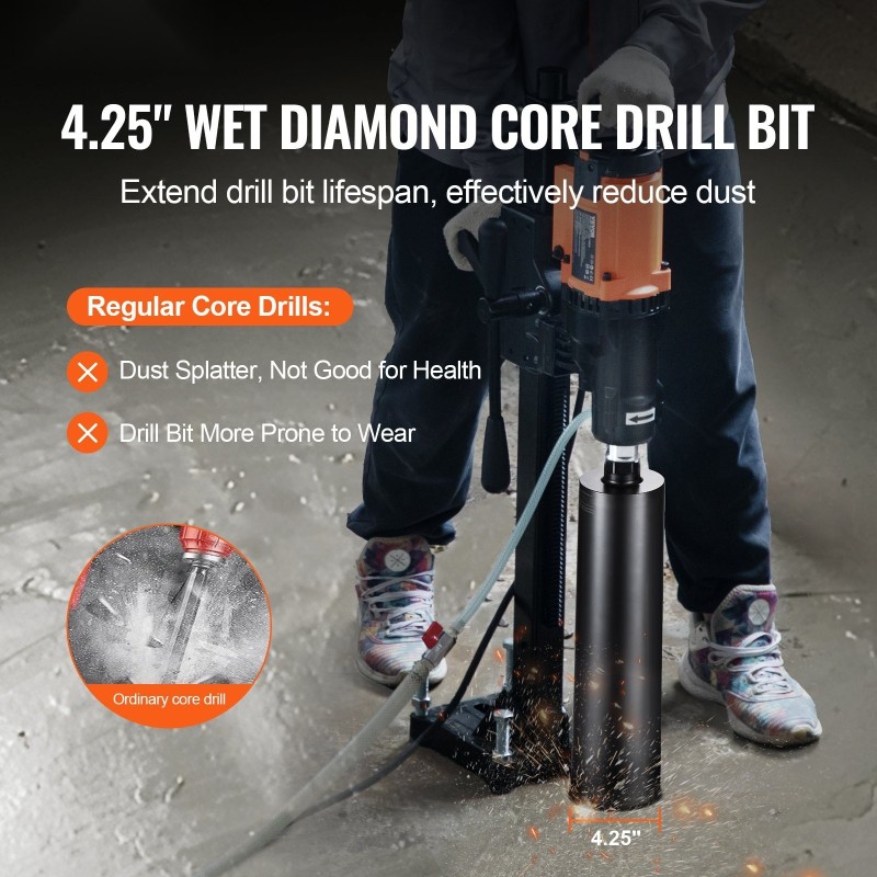 Timanttiporakruunu märkäporaukseen 108 mm halkaisija 355 mm poraussyvyys hiiliteräsrunko timanttihammastus