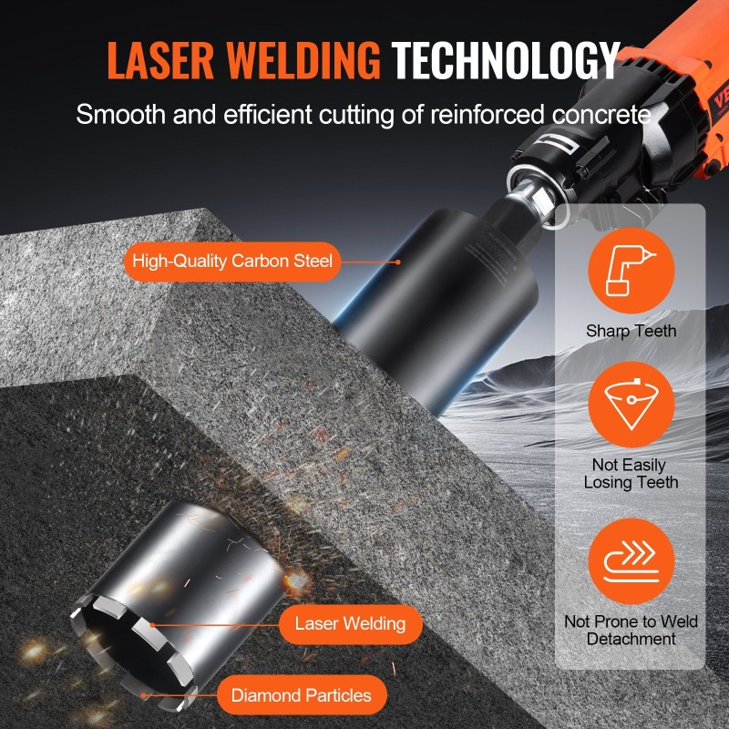 Timanttiporakruunu märkäporaukseen 108 mm halkaisija 355 mm poraussyvyys hiiliteräsrunko timanttihammastus