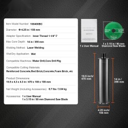 Timanttiporakruunu märkäporaukseen 108 mm halkaisija 355 mm poraussyvyys hiiliteräsrunko timanttihammastus
