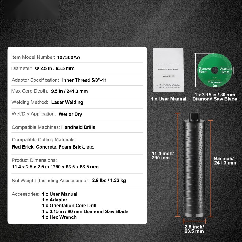 Timanttiholkkiterä hiiliteräs 63,5 mm 241 mm poraussyvyys sisäkierre 5/8-11 märkä- ja kuivaporaukseen