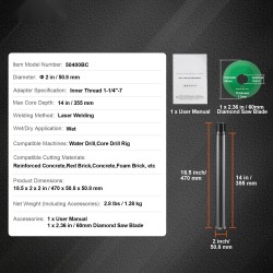 Timanttihampainen märkä porakruunu betonille ja tiilelle 50,8 mm 355 mm 1-1/4"-7 sisäkierre
