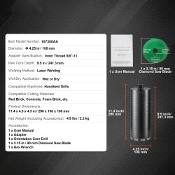 Timanttiporanterä hiiliteräsrunko 108 mm poraussyvyys 241 mm märkä ja kuiva mukana adapteri