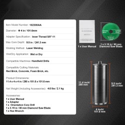 Timanttiporakruunu 102 mm hiiliteräsrunko 241 mm poraussyvyys märkä- ja kuivaporaus
