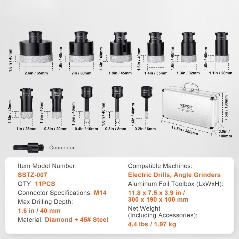 Timanttinen reikäsahasarja 11-osainen 6–65 mm M14-liittimellä kuiva ja märkäporaus