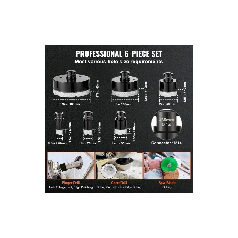 Timanttireikäsahasarja 6 osaa 20 25 35 50 75 100 mm laatoille