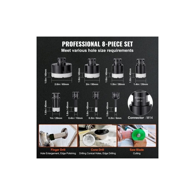 Timanttinen 8-osainen reikäsahasetti timanttipäällyste 6–65 mm M14-kierre alumiinikotelo