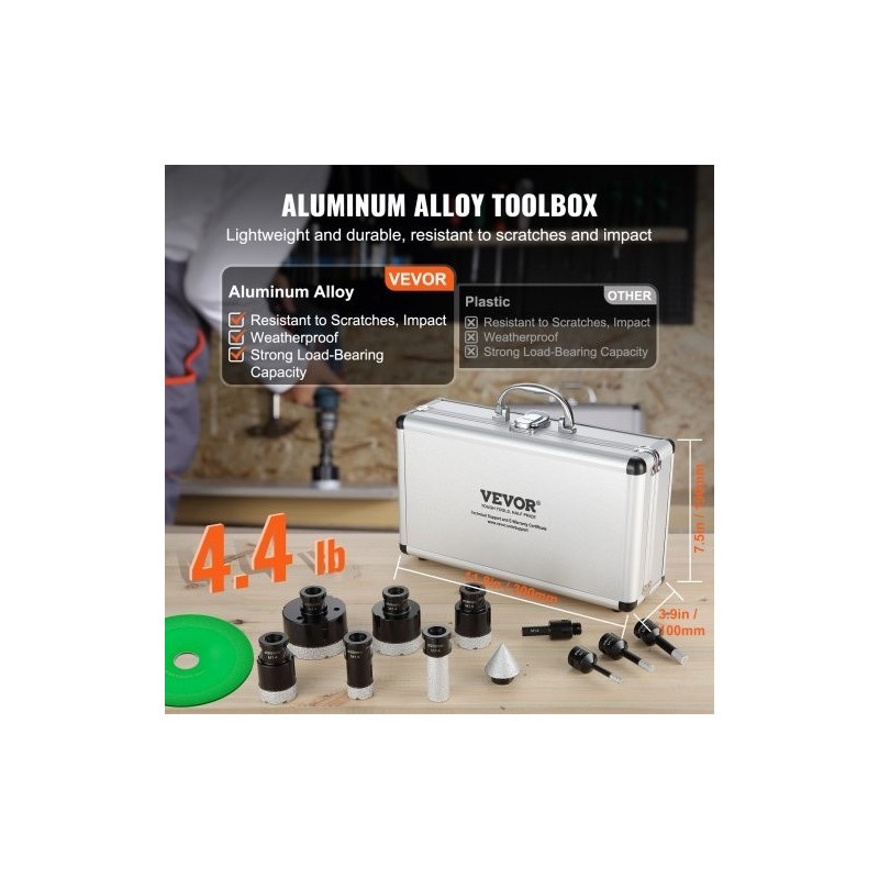 Timanttinen 8-osainen reikäsahasetti timanttipäällyste 6–65 mm M14-kierre alumiinikotelo