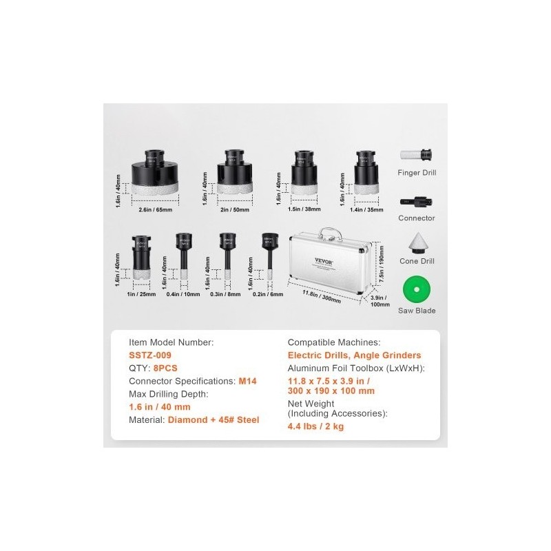 Timanttinen 8-osainen reikäsahasetti timanttipäällyste 6–65 mm M14-kierre alumiinikotelo