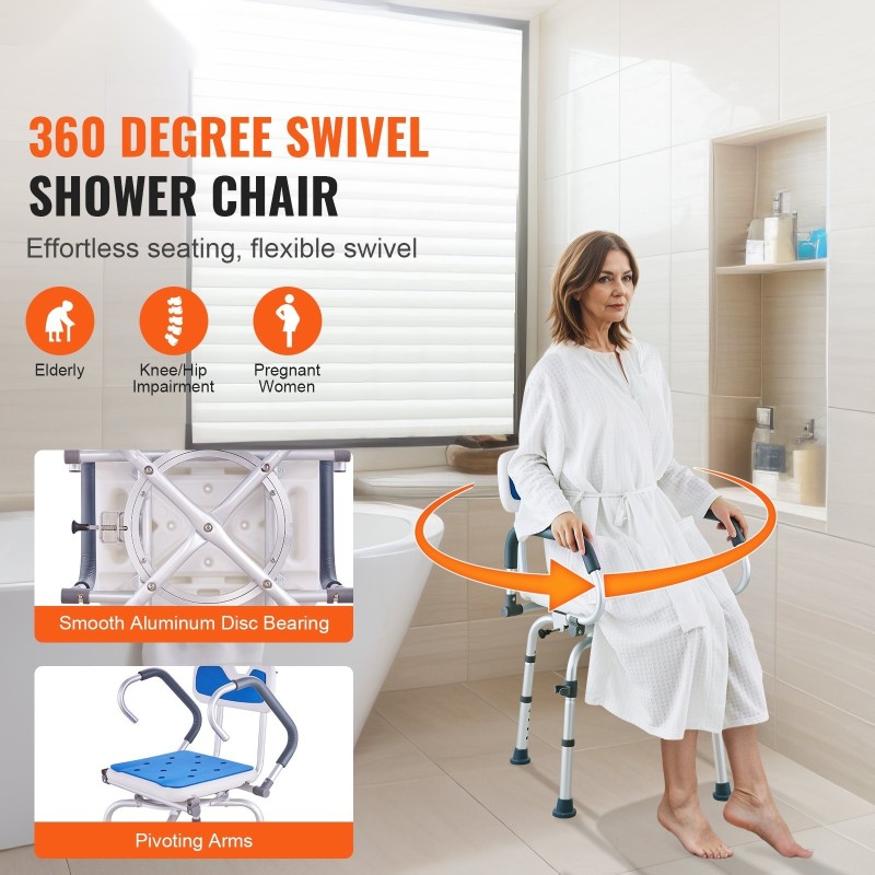 Kääntyvä suihkutuoli 360 asteen korkeussäädettävä alumiinirunko 180 kilogramman kantavuus kääntyvät käsinojat