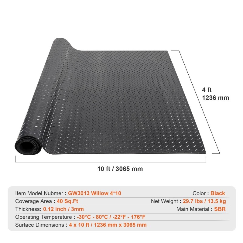 Kumirulla timanttikuvioitu SBR-kumi paksuus 3 mm 4 x 10 jalkaa musta