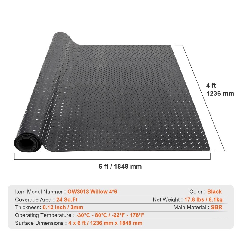 Kumimatto timanttikuvioitu SBR-kumi 3 mm 4 x 6 jalkaa autotalliin