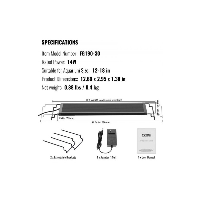 Akvaariovalo täyden spektrin 14 wattia 12–18 tuuman akvaariolle alumiiniseosrunko viisi kirkkaustasoa