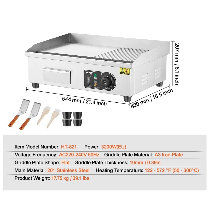Sähköinen parilalevy A3-rautalevy 10 mm 3200 W 50–300 astetta koti ja ravintola
