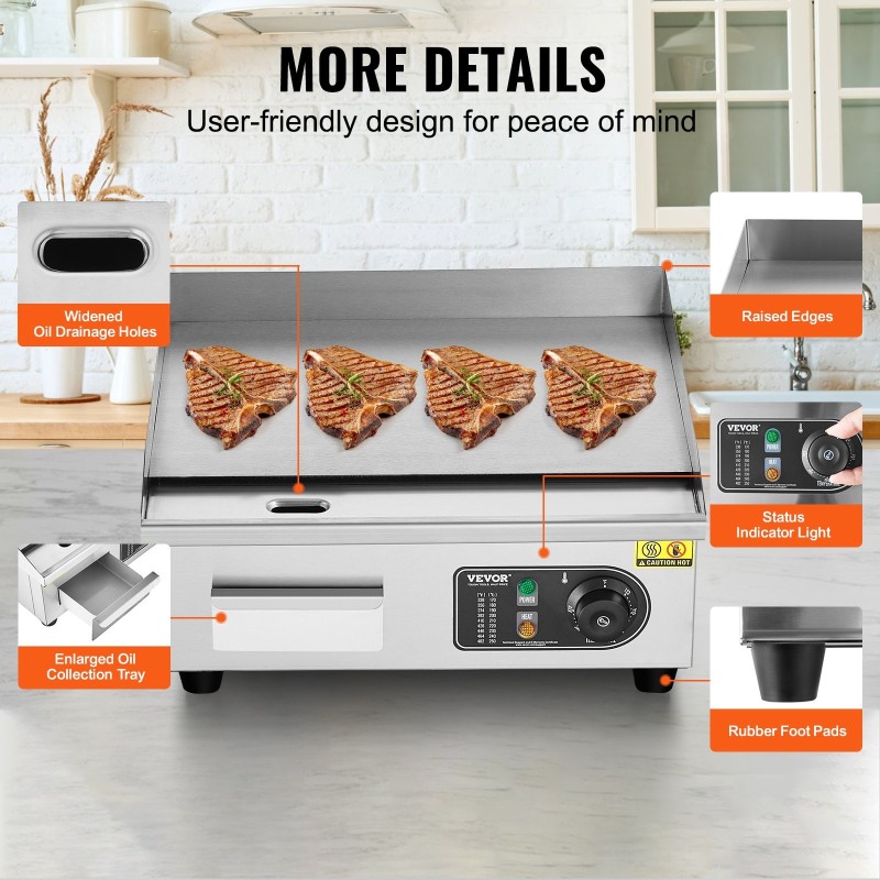 Sähköinen tasogrilli A3-teräslevy 10 mm ruostumaton teräsrunko 2800 W 50–300 °C