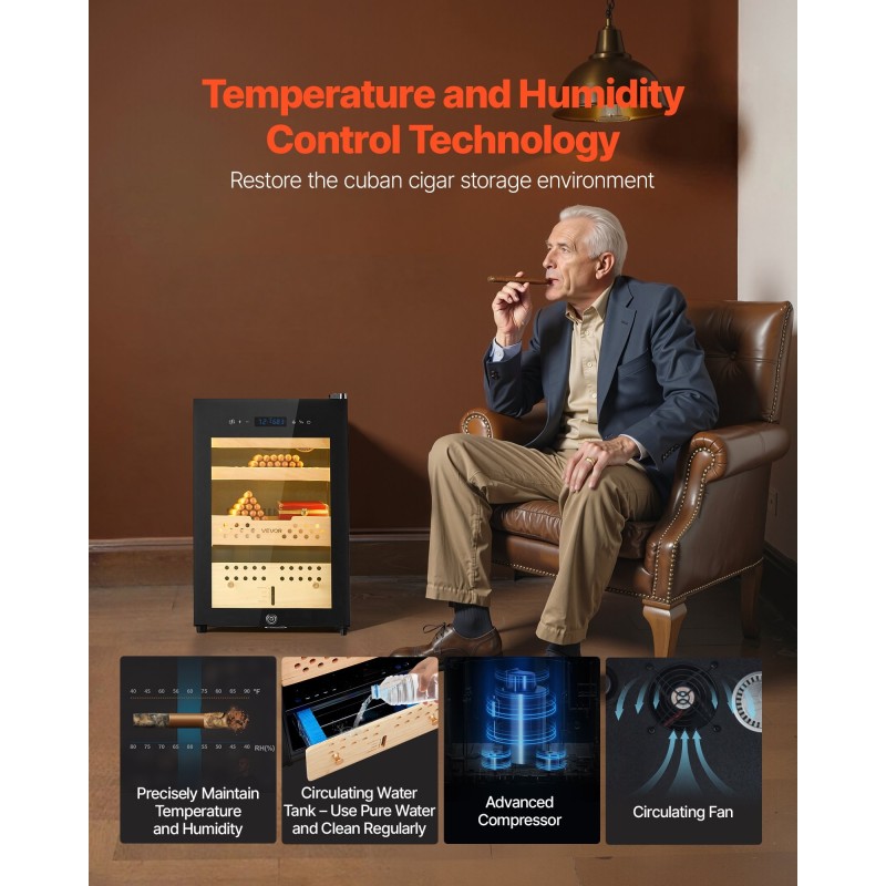 Sähkökäyttöinen sikarikaappi 60L 350 sikaria kompressorijäähdytys lämpötila ja kosteudensäädöllä espanjanseetriset hyllyt