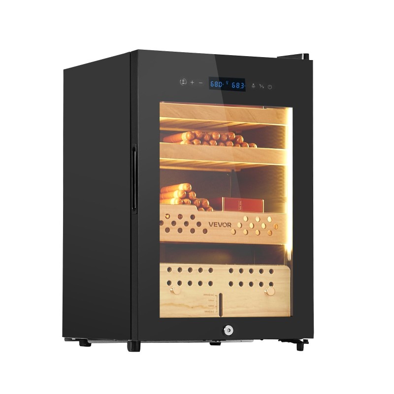 Sähkökäyttöinen sikarikaappi 60L 350 sikaria kompressorijäähdytys lämpötila ja kosteudensäädöllä espanjanseetriset hyllyt