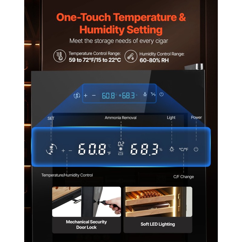 Sähköinen sikarihumidor 70 l 400 sikaria lämpö ja kosteudensäätö setripuun hyllyt