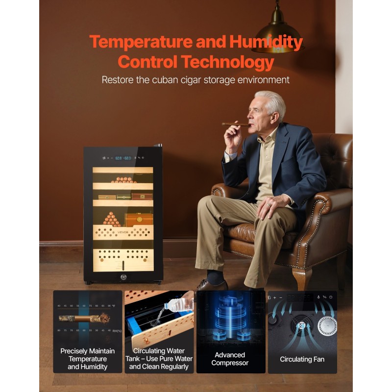 Sähköinen sikarihumidor 70 l 400 sikaria lämpö ja kosteudensäätö setripuun hyllyt