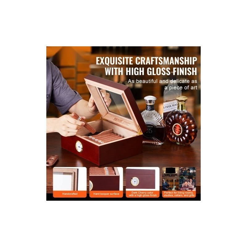 Sikarikostutin pöytämallinen espanjanseetripuusta lasikannella hygrometrillä ja jakajalla 30–50 sikaria